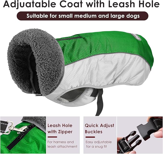 Dog Coat, Waterproof Ripstop Dog Winter Jacket with Leash Hole, Reflective Adjustable Warm Pet Fleece Snow Sweater for Small Medium Large Dogs - Green, S