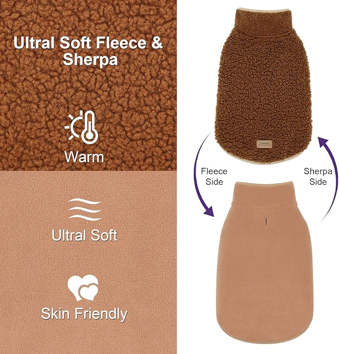 cyeollo Coats Reversible Dog Jacket Thickened Vest Turtleneck Fleece Furry Clothes Doggie Jacket for Cold Weather Winter Warm Dog Coats for Small Dogs Brown Apparel