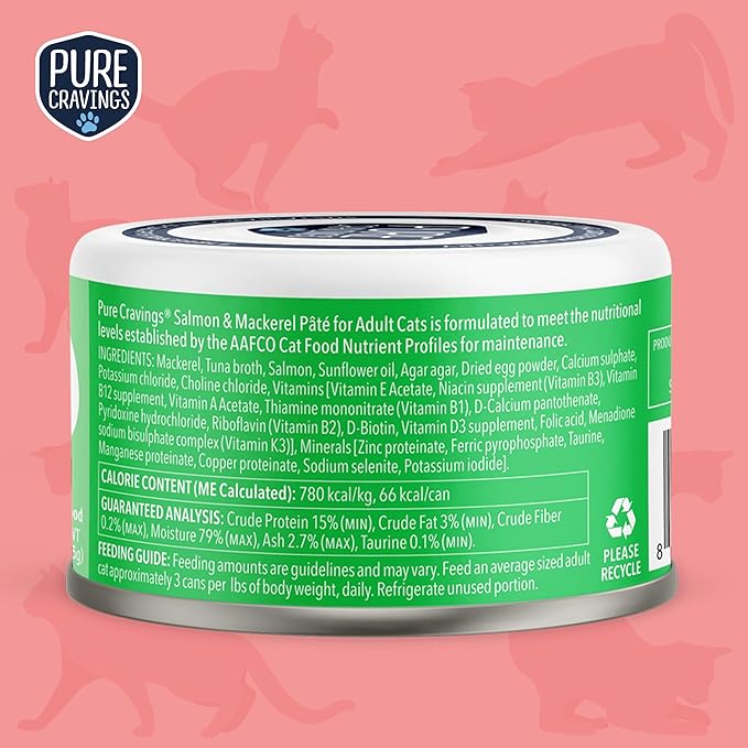 Pure Cravings Salmon and Mackerel Pate, Canned Wet Cat Food, 100% Mercury-Tested, Moist Can Fish, Grain-Free Protein, Non-GMO, 12 Pack