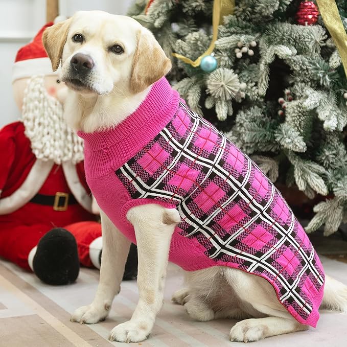 PUPTECK Dog Sweaters for Large Medium Small Dogs - Fall Classic Plaid Style Puppy Holiday Winter Coat Clothes Warm, Fuschia, L
