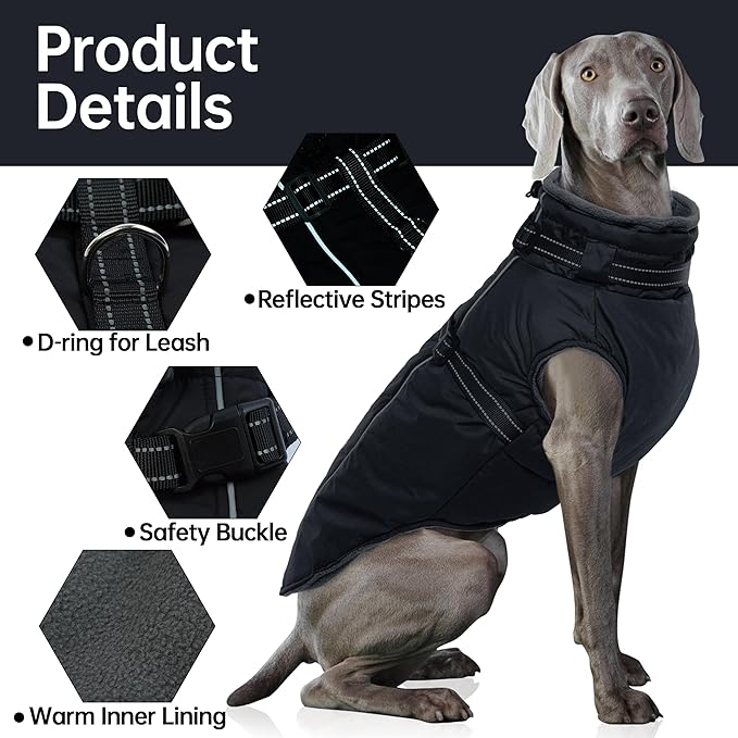PUMYPOREITY Dog Coat with Harness Built in, Reflective Fleece Jacket, Thick and Warm Winter Coat, Medium Dog Jacket with Zip, Cold Weather Coats for Outdoor, Waterproof Pet Snowsuit, Black, L