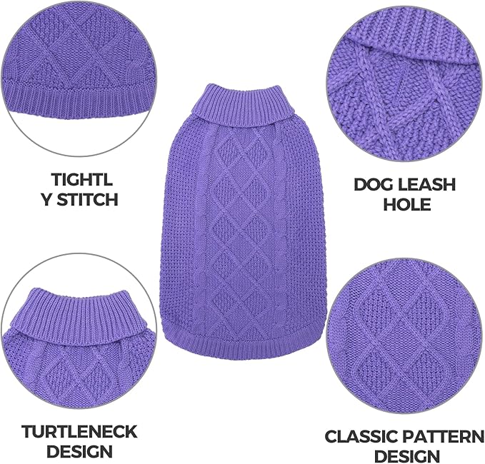 Mihachi Turtleneck Dog Sweater - Winter Coat Apparel Classic Cable Knit Clothes with Leash Hole for Cold Weather, Ideal Gift for Pet in New Year Light Purple XS