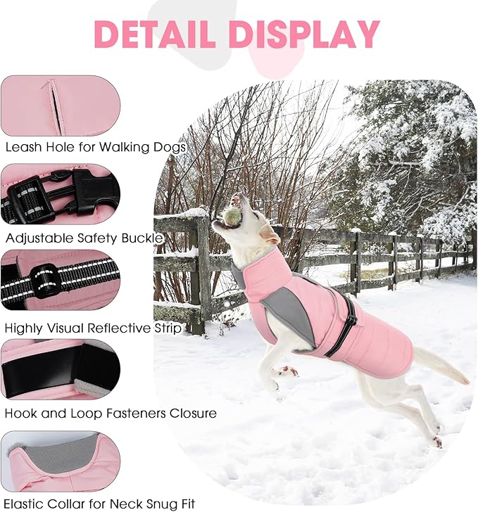 Nanaki Small Dog Coat for Winter Waterproof, Warm Fleece Lining Furry Collar Dog Jacket With Leash Hole, Reflective Adjustable Cold Weather Puppy Jacket Vest, Pullover Pet Snow Suit Male Female,Pink S