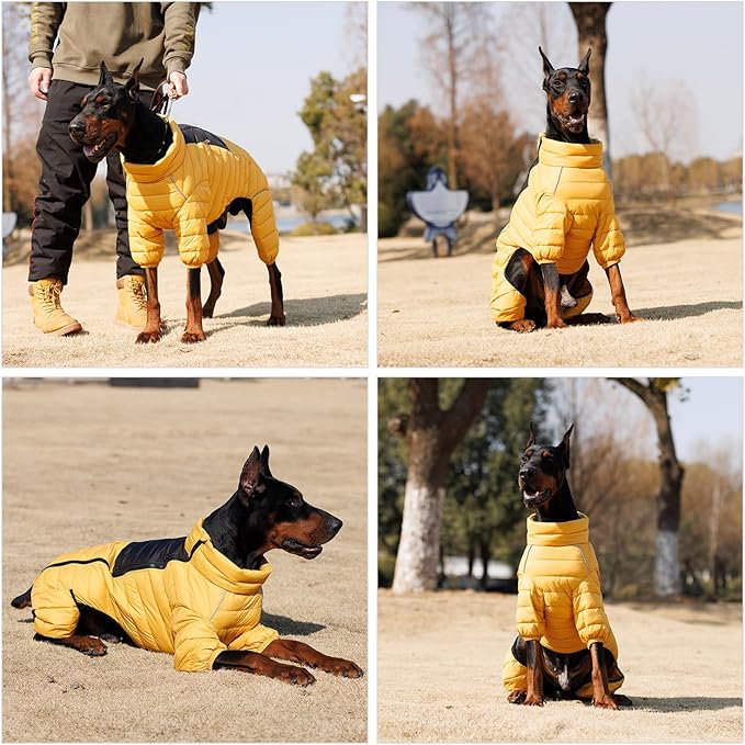 Lovelonglong Dog Coat, Warm Jacket, 4 Legs Covered Waterproof Windproof Reflective Vest, Zippered Adjustable Outdoor Snow Jacket for Small Medium Large Dogs, Yellow, M
