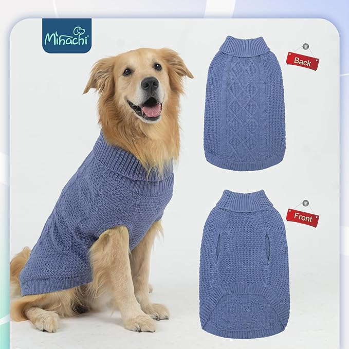 Mihachi Turtleneck Dog Sweater - Winter Coat Apparel Classic Cable Knit Clothes with Leash Hole for Cold Weather, Ideal Gift for Pet in New Year Grayish Blue SM