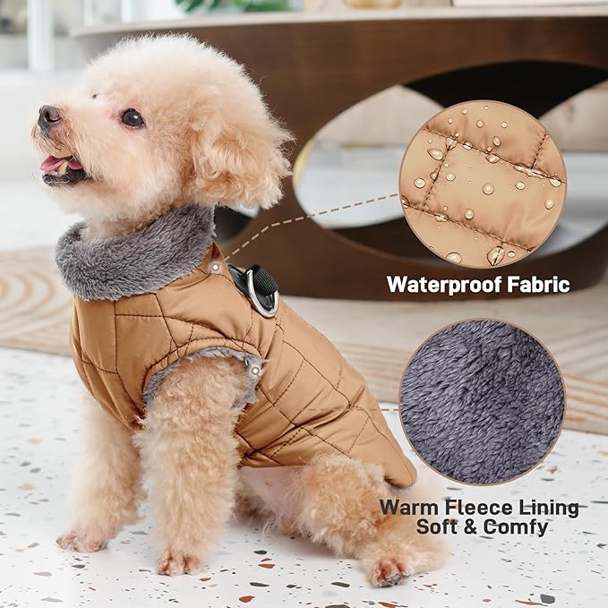 Warm Fleece Dog Coats with Durable Harness Buitl in D-Ring,Waterproof Puppy Jacket for Small Dogs,Dog Vest for Cold Winter,Burnished Khaki XS