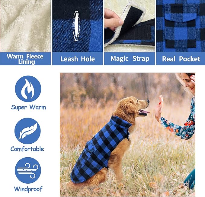 Malier Classic Plaid Fleece Dog Coat - Warm Winter Jacket with Pocket, Windproof, Blue, X-Large