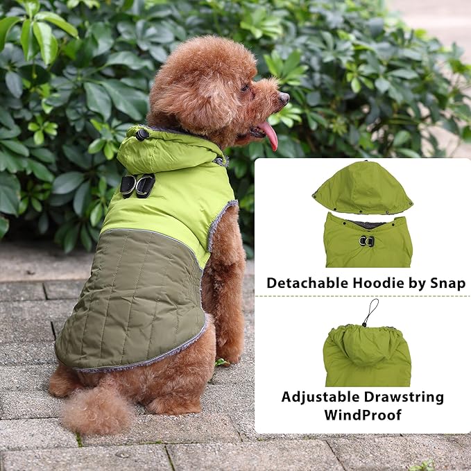 Detachable Hooded Dog Coat with Harness for Small Dogs,Super Warm Fleece Puppy Jacket for Cold Winter Doggie Coats,Green S