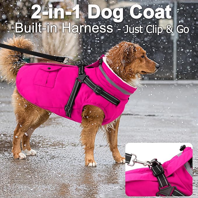 Dogcheer Dog Coat with Harness, Waterproof Warm Dog Winter Jacket with Pockets, Reflective Pet Fleece Jacket Turtleneck Snowsuit for Small Medium Large Dogs - Pink, L