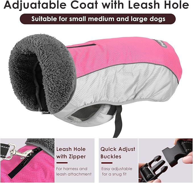 Dog Coat, Waterproof Ripstop Dog Winter Jacket with Leash Hole, Reflective Adjustable Warm Pet Fleece Snow Sweater for Small Medium Large Dogs - Pink, XL
