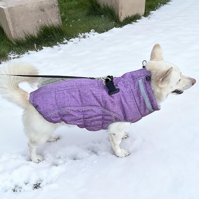 Malier Dog Coat, Reflective Dog Jacket Waterproof Windproof Puppy Cold Weather Coats with Harness Built in, Winter Extra Warm Pet Coat Fleece Vest for Small Large Pets and Puppy (Purple, Medium)