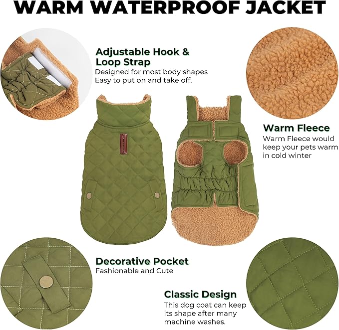 Dog Winter Coat, Waterproof Warm Dog Jackets for Large Dogs Boy, Adjustable Pet Vest Windproof Cold Weather Clothes Dogs Snowsuit with Leash Hole, Green XX-Large