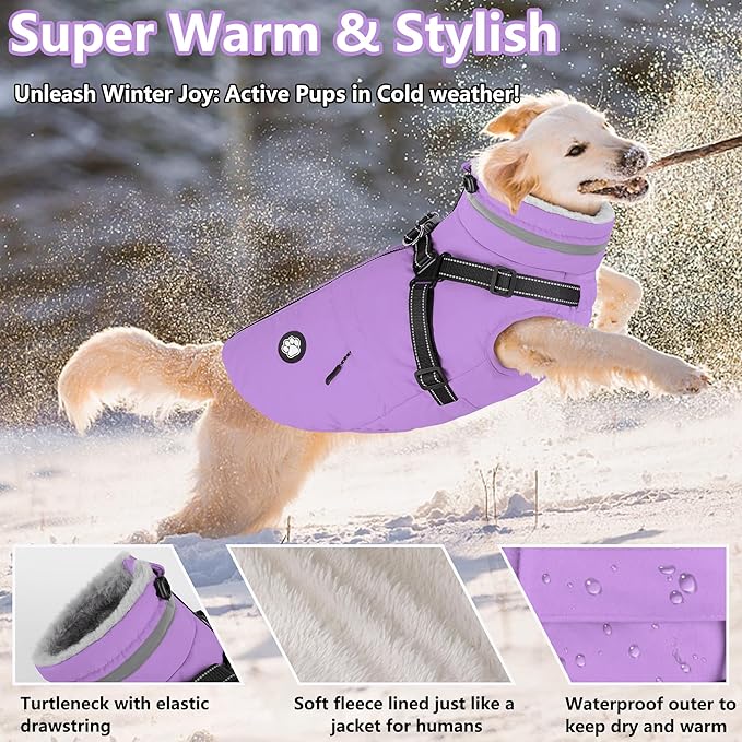 Dogcheer Dog Coat with Harness, Waterproof Dog Jacket, Reflective Puppy Winter Jacket with Pocket, Doggy Turtleneck Fleece Vest for Small Medium Large Dogs - Taro Purple, XL