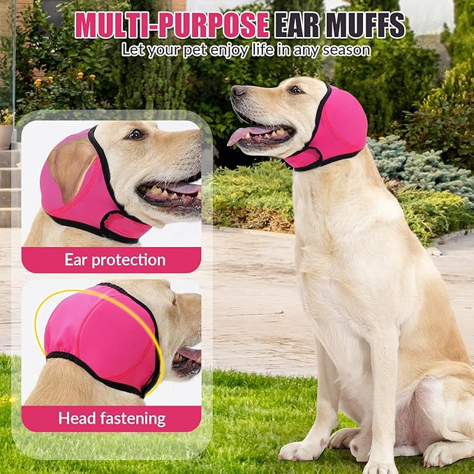 SlowTon Quiet Ears Dog Hoodie - 2 Pcs Ear Wrap Dog Ear Muffs Noise Protection, Anxiety Relief Dogs Hat Calming Hood Head Cover, Pet Headband Dogs Ear Protector for Grooming, Force Drying (Pink,L)