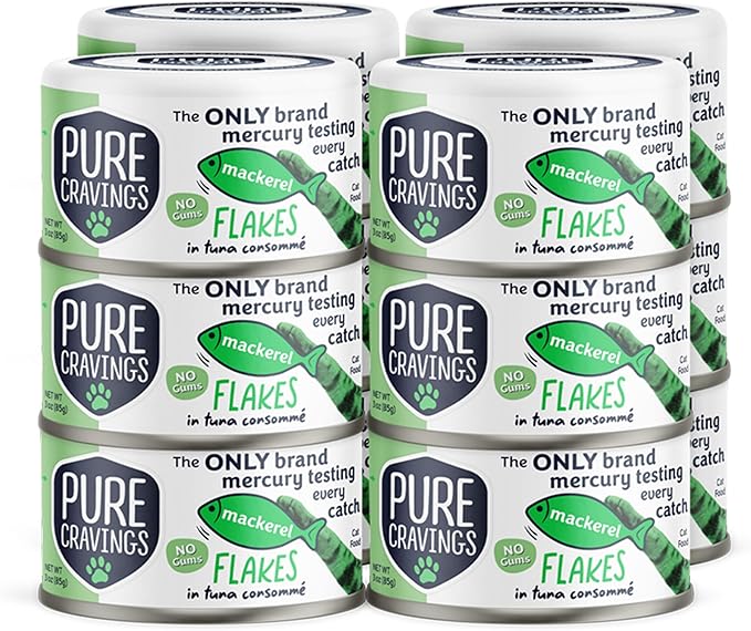 Pure Cravings Mackerel Flakes in Tuna Consommé, Canned Wet Cat Food Soup, 100% Mercury-Tested, Moist Can Fish, Grain-Free Protein, Non-GMO, 3oz, Pack of 12