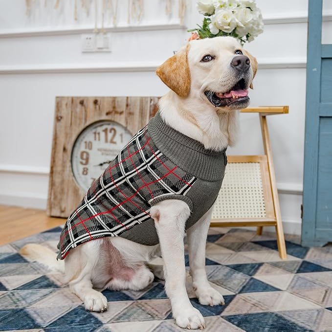 PUPTECK Dog Sweaters for Large Medium Small Dogs - Fall Classic Plaid Style Puppy Holiday Winter Coat Clothes Warm, Grey, XL