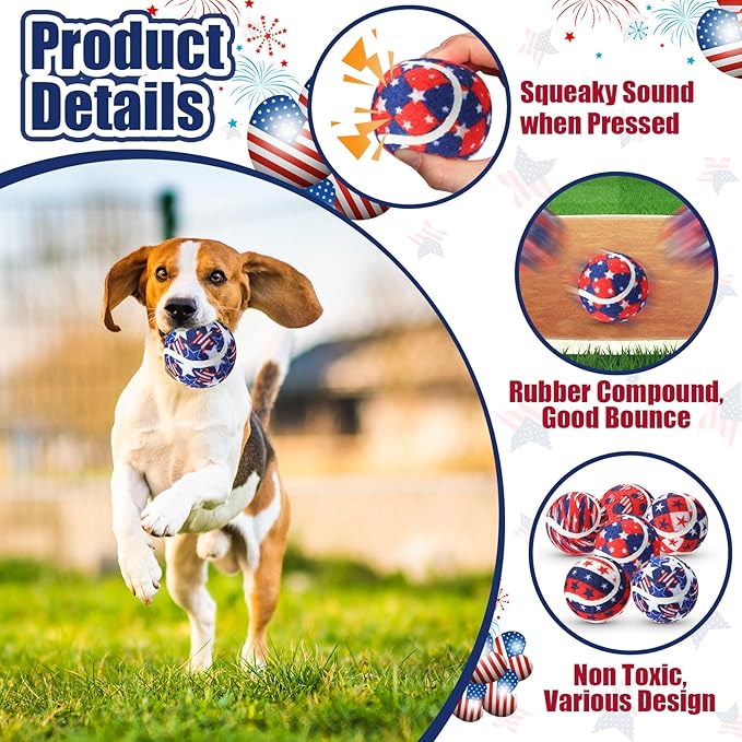 36 Pcs Independence Day Dog Squeaky Tennis Balls 2.5 Inch Interactive Pet Toys Ball for Small Medium Large Dog Plush Chew Toys Teeth Cleaning for Aggressive Chewers Cat Interactive Training