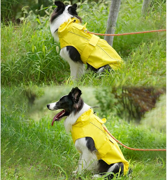 Waterproof Dog Raincoat, Adjustable Lightweight Dog Rain Jacket with Reflective Strip Leash Hole for Small Medium Large Dogs (Yellow, Medium(13-22lb))