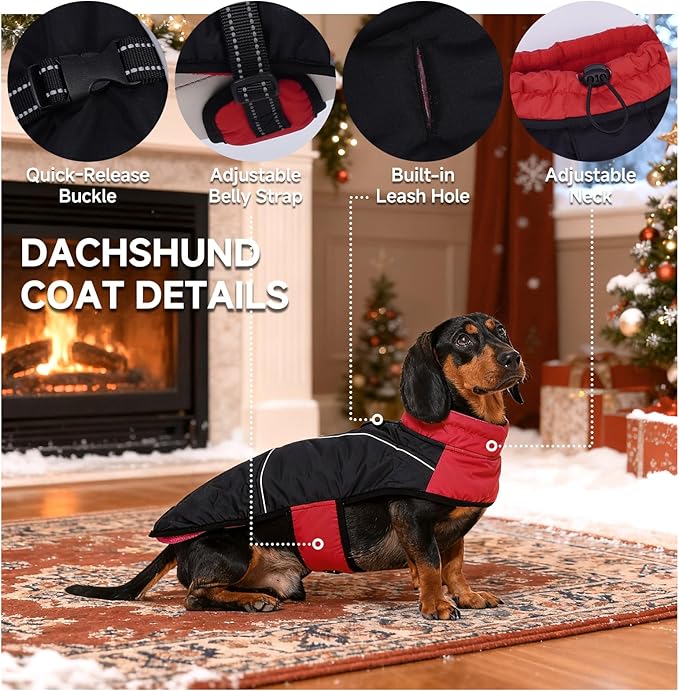 DORA BRIDAL Dachshund Coat, Fleece Lined Dog Winter Coat, Warm Dog Coats with Reflective Strips, Adjustable Waterproof Pet Jacket Clothes, XL