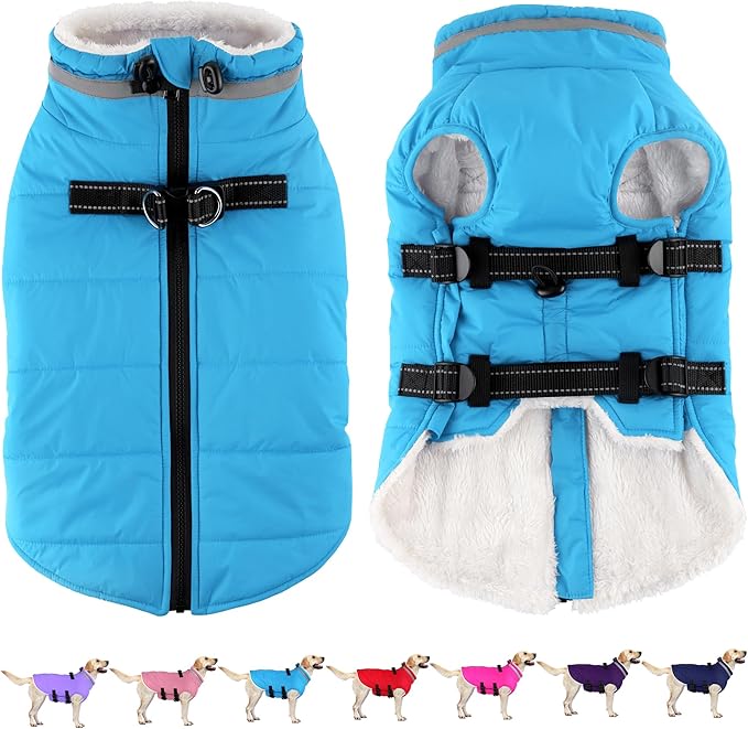 Dogcheer Dog Coat with Harness, Waterproof Dog Jacket Adjustable Pet Winter Coat with Zipper, Christmas Puppy Snow Jacket Fleece Sweater for Small Medium Large Dogs - Sky Blue 3XL