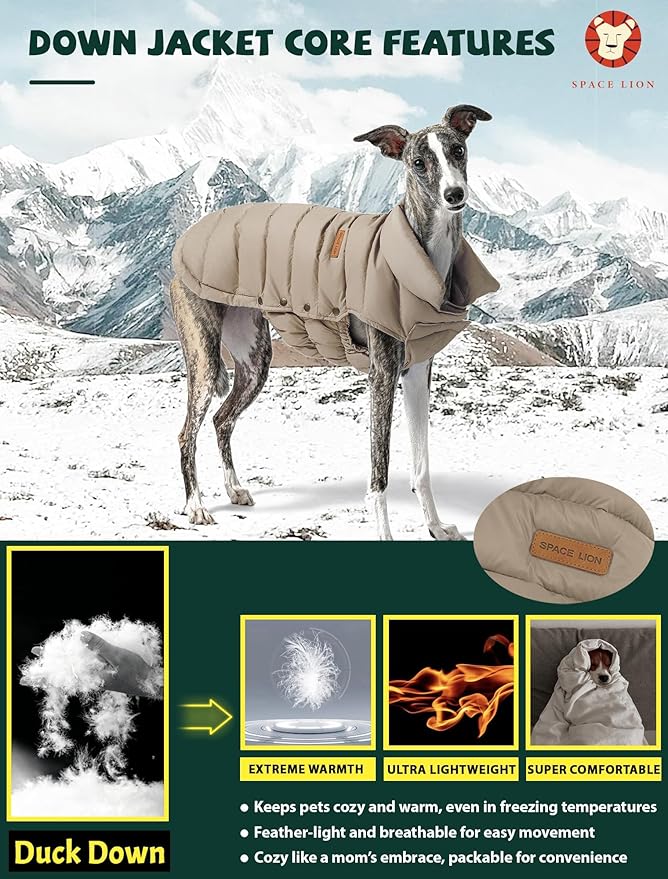 SPACE LION Dog Puffer Jacket, Down Winter Coat, Durable Outdoor Coat for Cold and Windy Conditions, Waterproof, Lightweight Jacket, Adjustable Fit for Small, Medium, Large Dogs(Khaki,24/2XL)