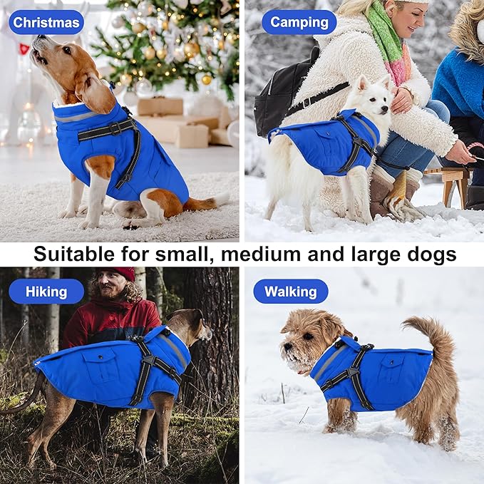 Dogcheer Dog Coat with Harness, Waterproof Warm Dog Winter Jacket with Pockets, Reflective Pet Fleece Jacket Turtleneck Snowsuit for Small Medium Large Dogs - Blue, XL