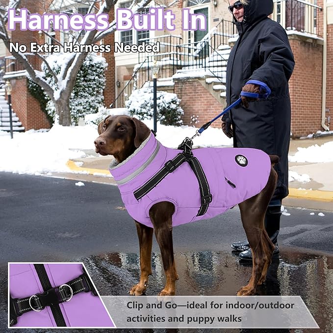Dogcheer Dog Coat with Harness, Waterproof Dog Jacket, Reflective Puppy Winter Jacket with Pocket, Doggy Turtleneck Fleece Vest for Small Medium Large Dogs - Taro Purple, 3XL