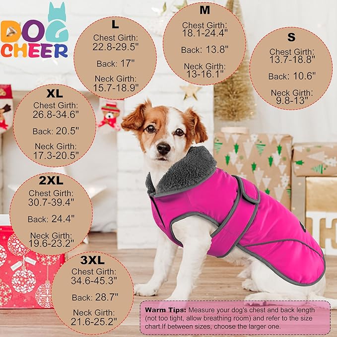 Dogcheer Dog Coat, Waterproof Dog Jacket Reflective Pet Winter Coat with Adjustable Hook & Loop, Christmas Puppy Fleece Jacket Warm Turtleneck Snowsuit for Small Medium Large Dogs - Pink, S