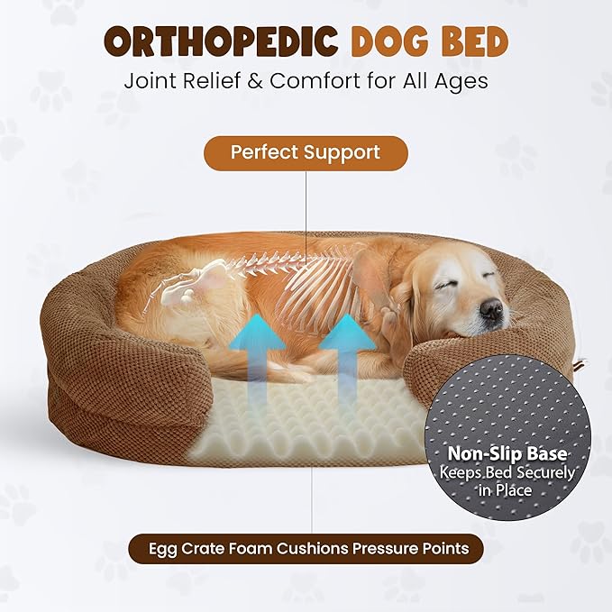 XXL Dog Bed for Extra Large Dogs – Orthopedic Egg Crate Foam Couch with Bolster, 4.7-inch Thick, Washable Removable Cover, Plush Sofa Pet Bed, XLarge Sized, 52"x40", Camel