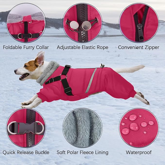 BRKURLEG Dog Winter Coat with Harness Built in, Winter Dog Jacket for Small and Medium Dogs, Small Dogs Snowsuit Reflective Windproof Cold Weather Coat, Puppy Warm Fleece Coats, Hot Pink, L