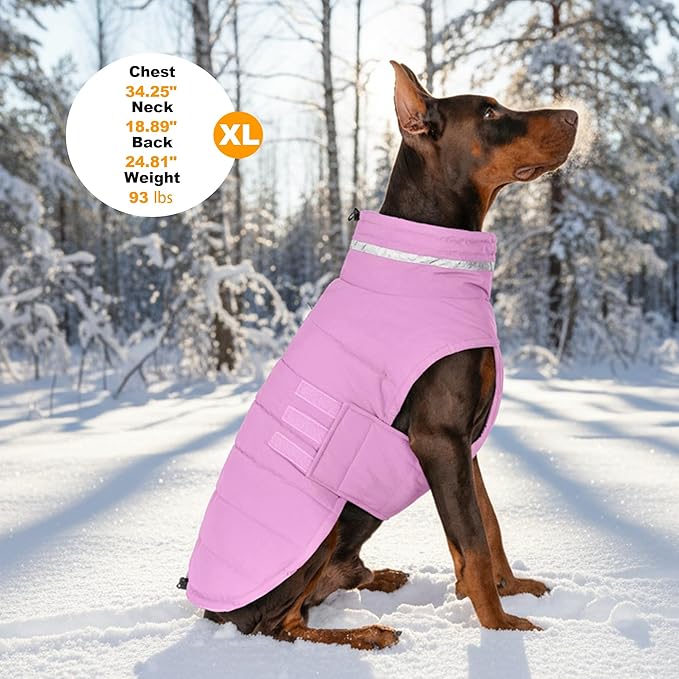 Dog Coat, Waterproof Winter Jacket, Warm Windproof Vest, Reflective Adjustable Turtleneck Coats for Medium and Large Dogs with Hook & Loop - Lilac - L