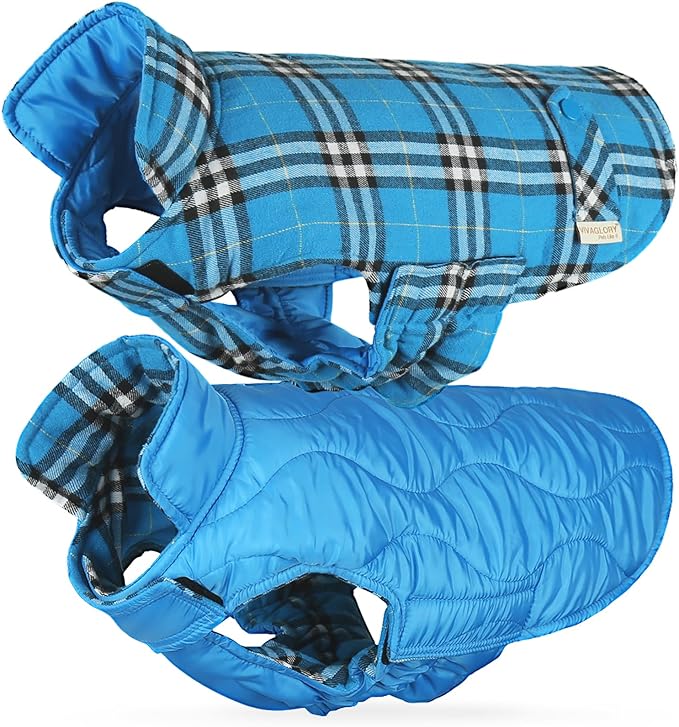 VIVAGLORY Softjoy Dog Coat, Dog Jacket for Winter & Christmas, Coat with Harness Hole & Velcro Closure, Reversible Plaid Checkered Warm Fluffy Heavy Duty for Puppy, XXS, Blue