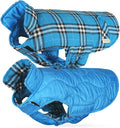 VIVAGLORY Softjoy Dog Coat, Dog Jacket for Winter & Christmas, Coat with Harness Hole & Velcro Closure, Reversible Plaid Checkered Warm Fluffy Heavy Duty for Puppy, XS, Blue