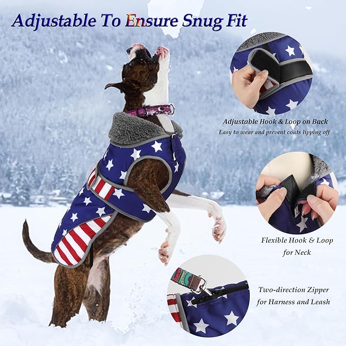 Dogcheer Dog Coat, American Flag Dog Jacket Waterproof Puppy Winter Coat for Cold Weather, Reflective Adjustable Pet Snow Jacket Fleece Sweater for Small Medium Large Dogs - USA Flag, L