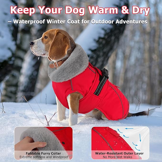 Dogcheer Dog Coat with Pocket, Waterproof Dog Jacket with Adjustable Buckle, Reflective Puppy Winter Coat Warm Turtleneck Fleece SnowJacket for Small Medium Large Dogs - Red XL