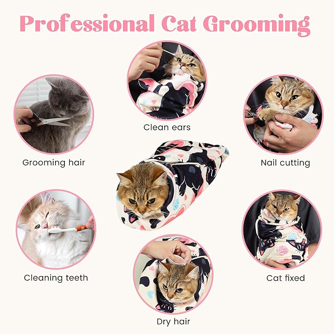27.6“ Cat Wrap for Cutting Nails Self-Adherent Fabric Cat Wrap for Grooming Cat Restraint for Nail Clipping Anti-Escape Cat Calming Wrap Within 15lbs