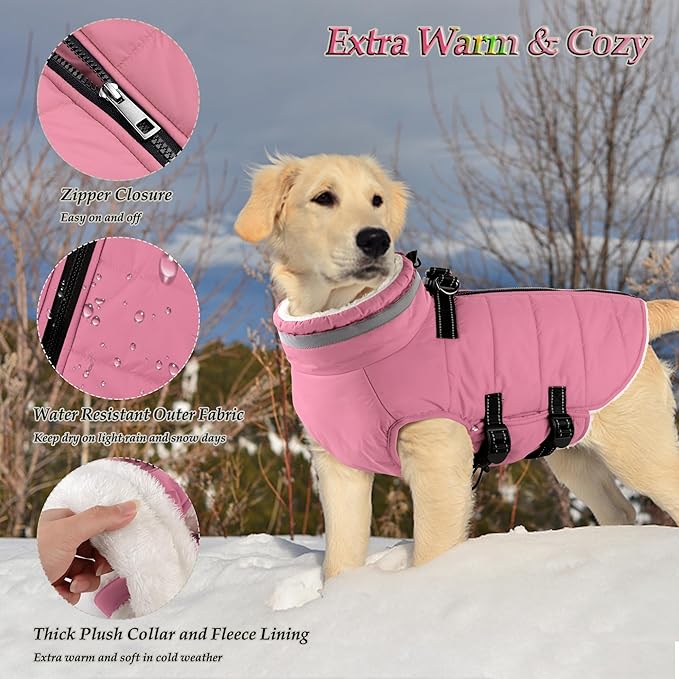 Dogcheer Dog Coat with Harness, Waterproof Dog Jacket Adjustable Winter Coat with Zipper, Christmas Puppy Snow Jacket Fleece Sweater for Small Medium Large Dogs - Light Pink 2XL