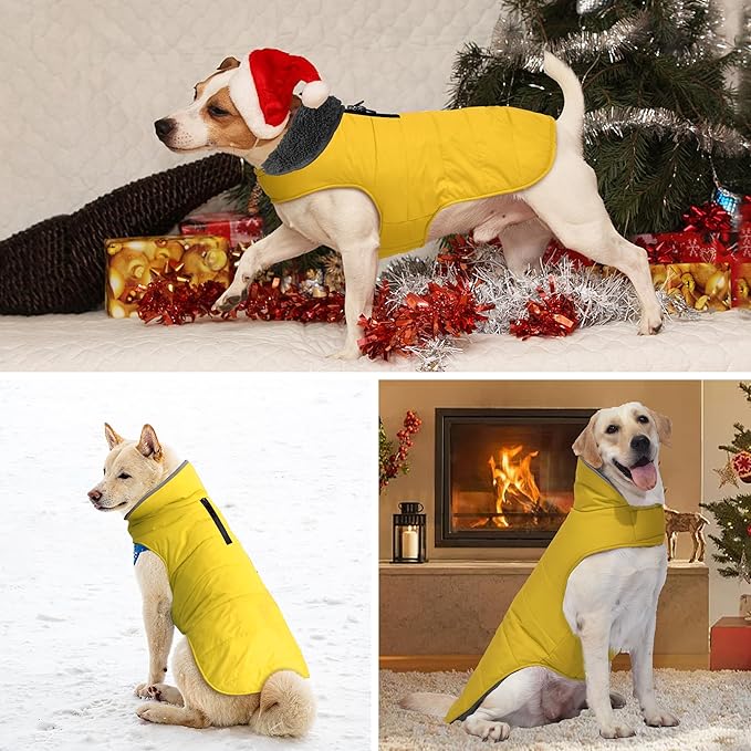 Dog Winter Coat, Waterproof Dog Jacket with Leash Hole, Reflective Adjustable Pet Snow Vest, Warm Fleece Sweater for Small Medium Large Dogs - Yellow, M