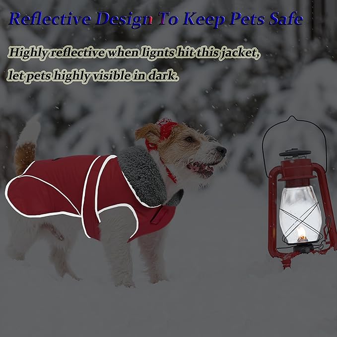 Dogcheer Dog Coat, Waterproof Dog Jacket Reflective Pet Winter Coat with Adjustable Hook & Loop, Christmas Puppy Fleece Jacket Warm Turtleneck Snowsuit for Small Medium Large Dogs - Red, L