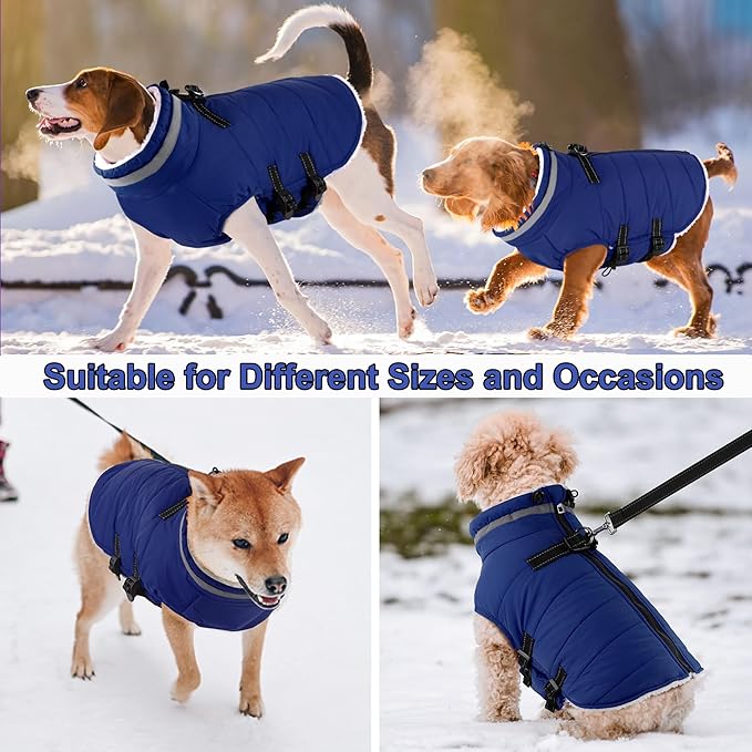 Dogcheer Dog Coat, Waterproof Dog Jacket with Harness, Reflective Adjustable Puppy Winter Coat with Zipper, Christmas Snow Jacket Clothes for Small Medium Large Dogs - Blue L