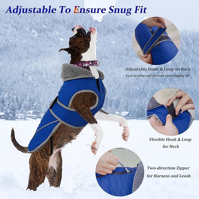Dogcheer Dog Coat, Waterproof Dog Jacket Reflective Pet Winter Coat with Adjustable Hook & Loop, Christmas Puppy Fleece Jacket Warm Turtleneck Snowsuit for Small Medium Large Dogs - Blue, 3XL