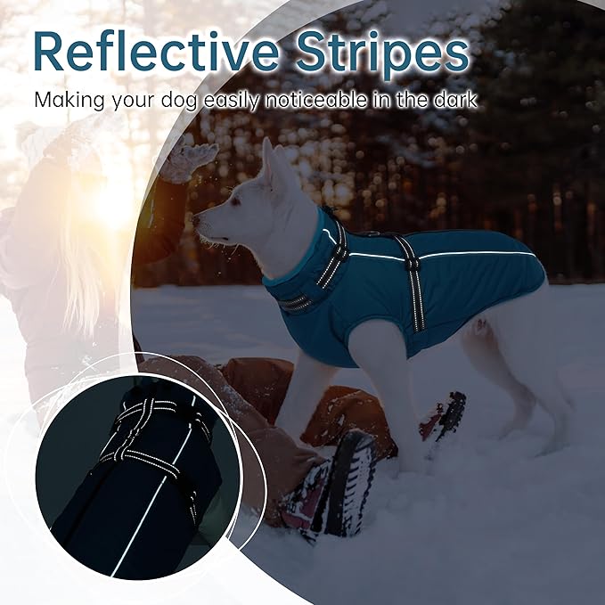 PUMYPOREITY Snow Jacket for Large Dogs Waterproof, Warm Dog Winter Coat with Harness Built in, Fleece Jacket with Back Zipper, Cold Weather Coats for Outdoor, Windproof Pet Snowsuit, Blue, 2XL