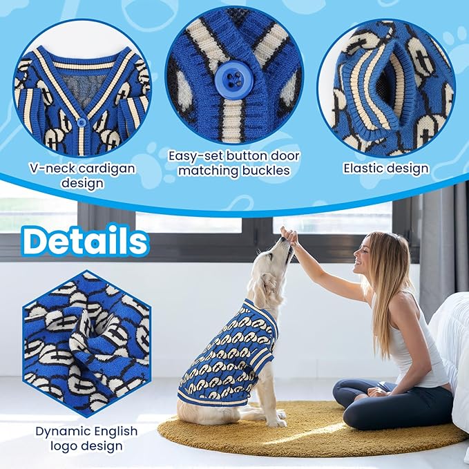 Pet Sweaters for Dogs Boys and Girls, Dynamic Letter Patterned Dog Sweater,Dog Cardigan,Pet Clothes,Pet Knitted Clothing,Fit for Different Seasons and Kinds of Dogs (Blue XL)