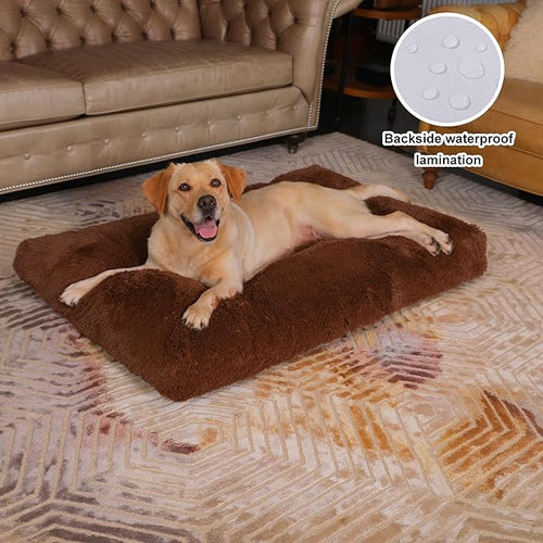 Bedfolks Waterproof Dog Crate Bed & Pad, Faux Fur, XXL (47"x29"), Washable, Solid Brown
