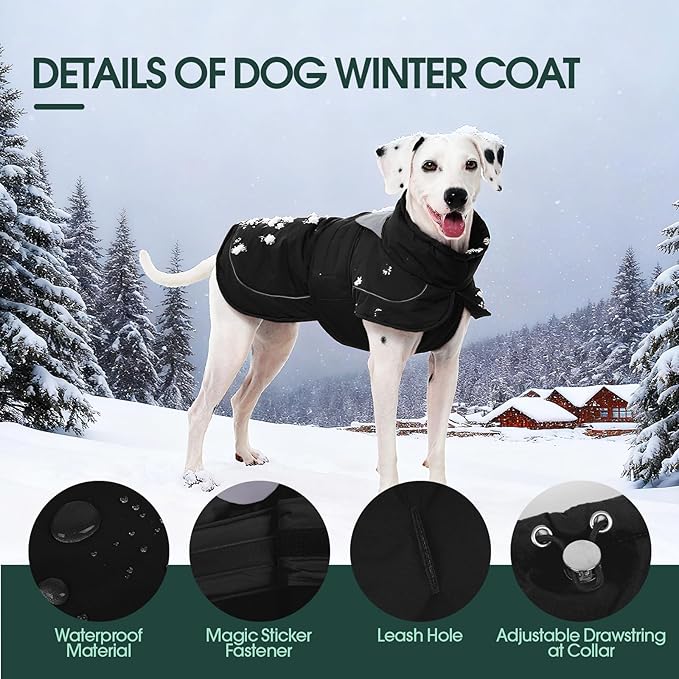 Kuoser Dog Winter Coat, Dog Jackets for Large Dogs, Winter Waterproof Big Doggie Coat, Reflective Dogs Cold Weather Coats, Windproof Turtleneck Pet Puffer Jacket Snowsuit Clothes with Harness Hole