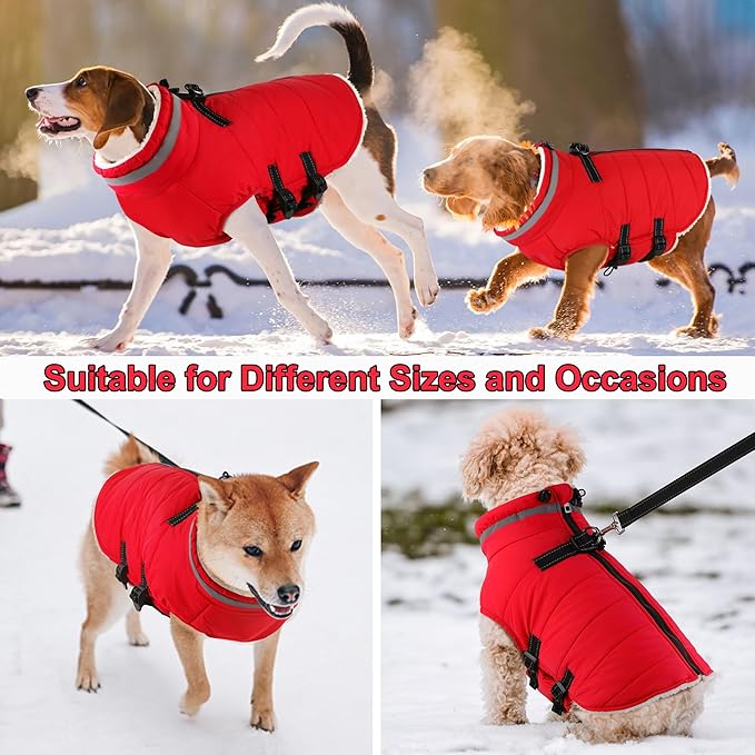 Dogcheer Dog Coat with Harness, Waterproof Dog Jacket Adjustable Pet Winter Coat with Zipper, Christmas Puppy Snow Jacket Fleece Sweater for Small Medium Large Dogs - Red XS