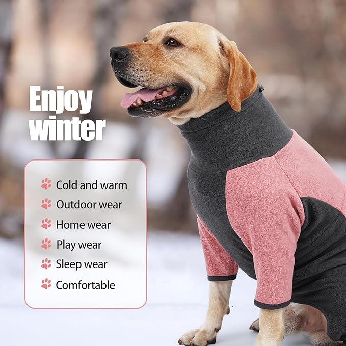 Winter Dog Coat, Warm Fleece Jacket, Windproof Pullover Bodysuit, Fullbody Dog Pajamas Onesie - Cold Weather Clothes (Large, Pink)