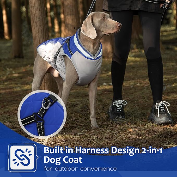Dog Winter Coat with Harness, Dog Jacket, Pet Clothes with Zipper on Back, Waterproof Windproof Warm Vest, Reflective Cold Weather Coats, for Small Medium Large Dogs, Thick, Blue,XS