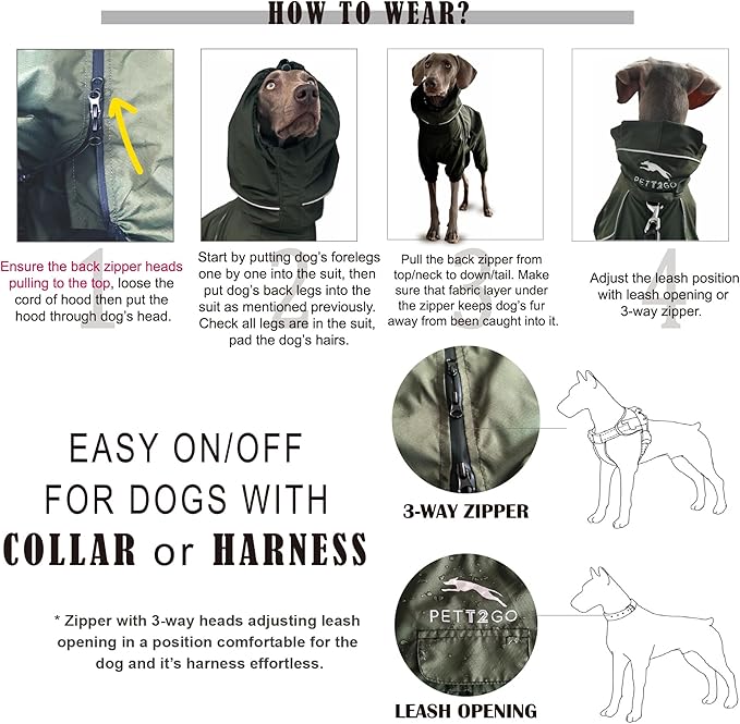 Dog Lightweight Windbreaker, Dog Outdoor 4-Legs Jacket, 0.5 lbs,Durable Water Repellent, Hooded, Easy on/Off with Collar and Harness, Reflective, Packable,Dark Olive (X-Large)