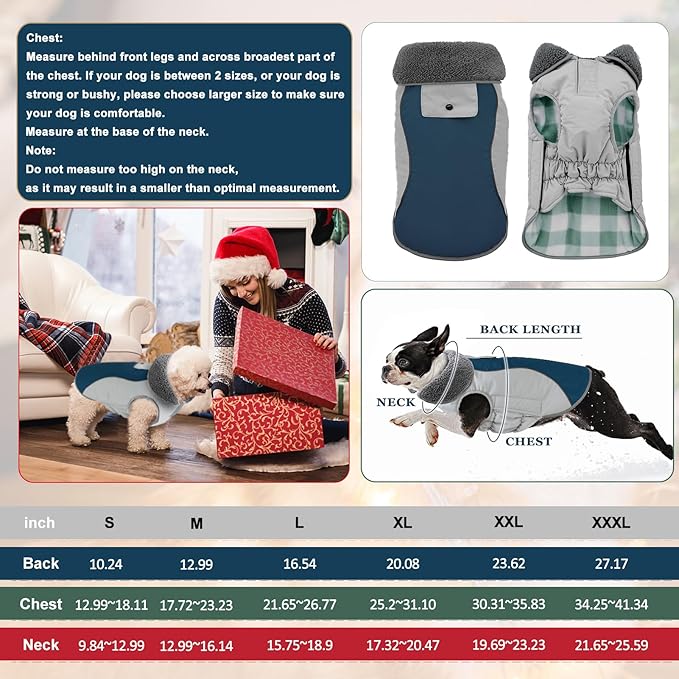 Doglay Dog Coat Waterproof Warm Dog Winter Jacket,Christmas Reflective Fleece Puppy Winter Coat with Harness Hole, Adjustable Snow Jacket for Small Medium Large Dogs